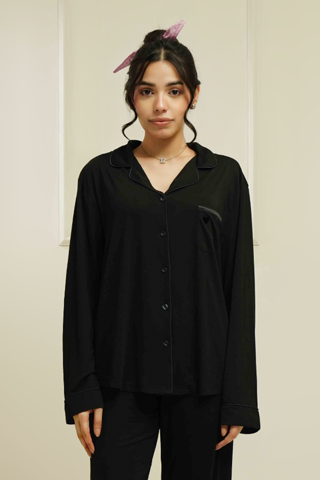 Vela - Black Button-Up Full-Sleeve Top + Pajama