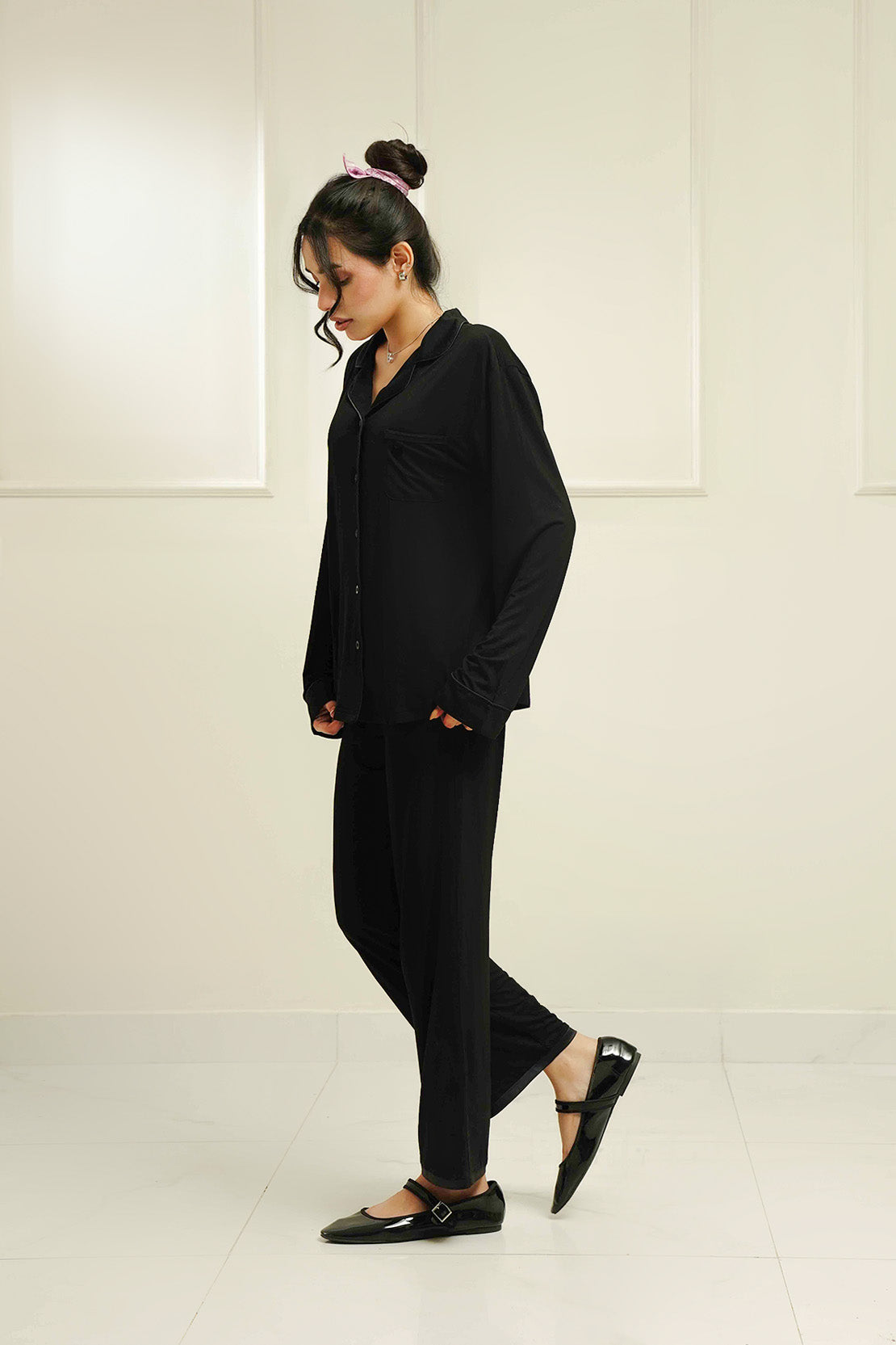 Vela - Black Button-Up Full-Sleeve Top + Pajama