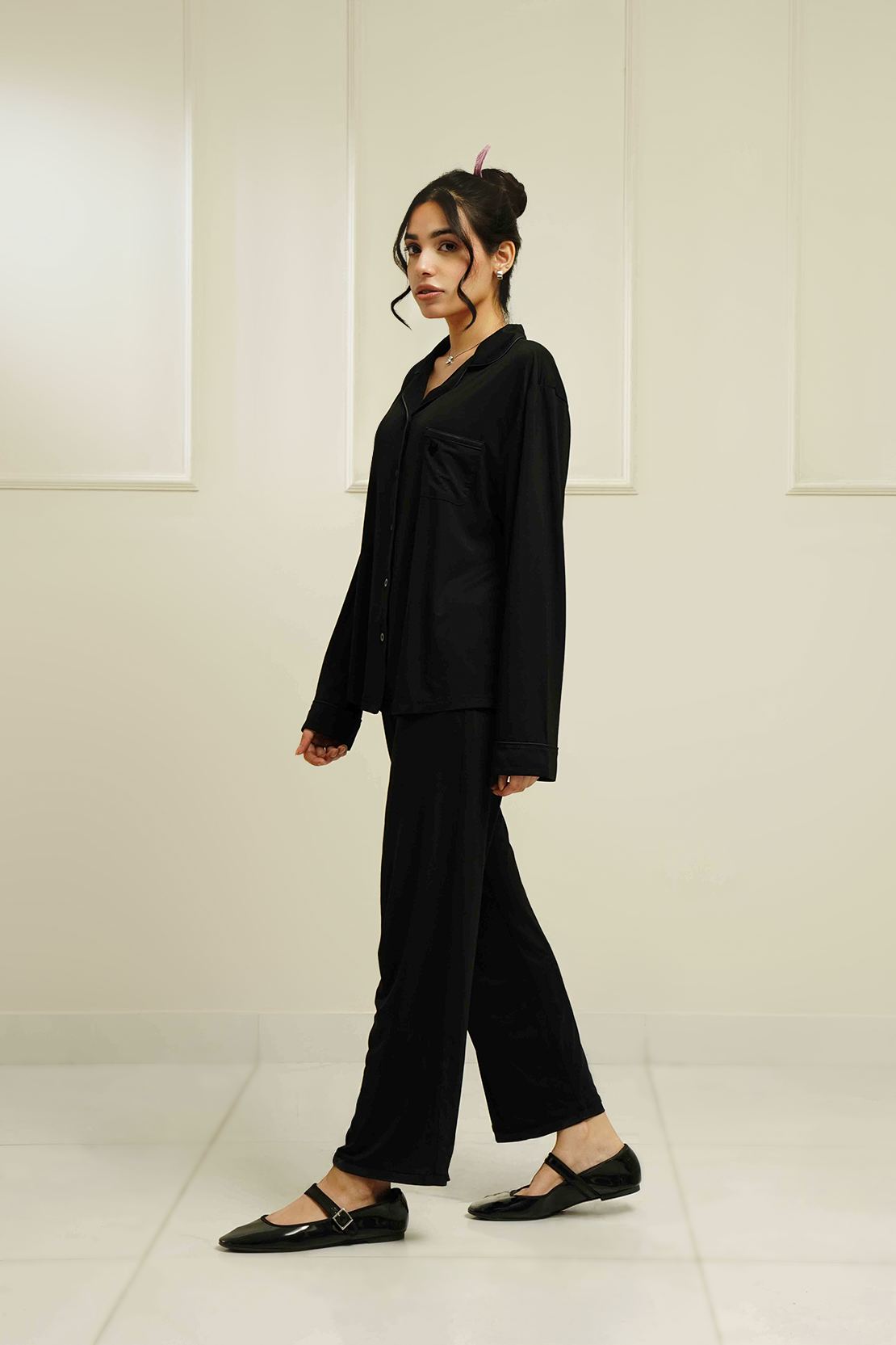 Vela - Black Button-Up Full-Sleeve Top + Pajama