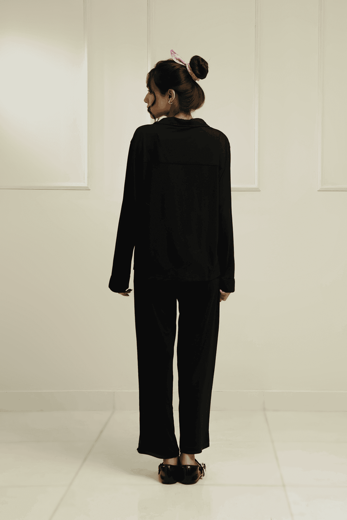 Vela - Black Button-Up Full-Sleeve Top + Pajama