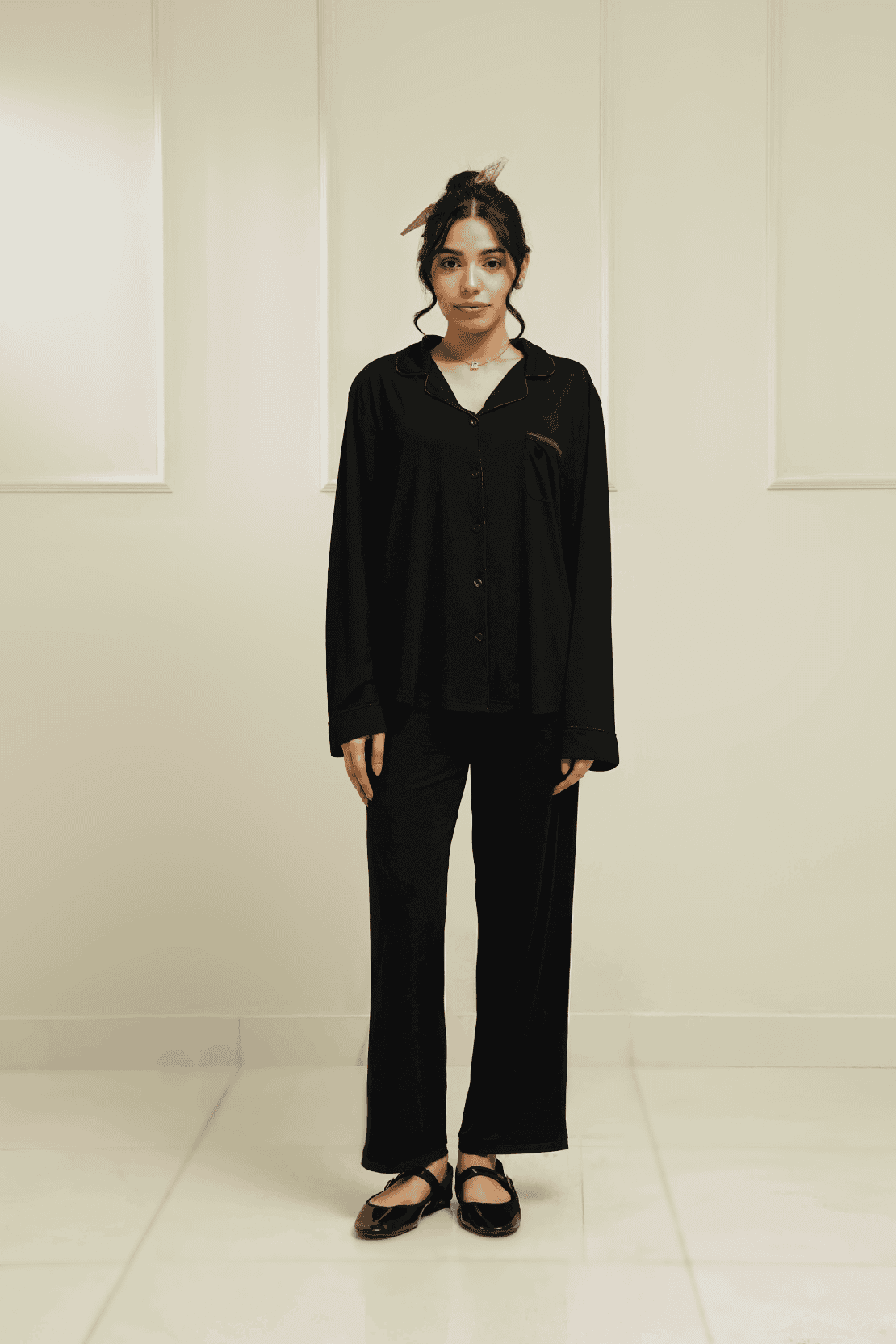 Vela - Black Button-Up Full-Sleeve Top + Pajama